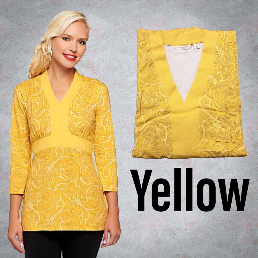 Liz Claiborne New York 3/4 Sleeve Paisley Print Knit Tunic NWT 2X Yellow A239002